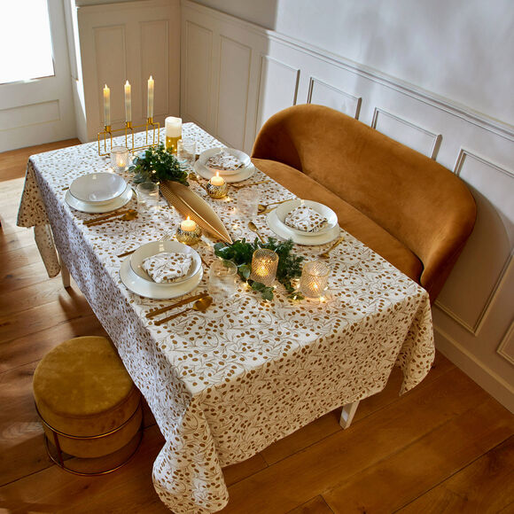 Nappe imprimée petites feuilles coloris doré (blanc / doré) Nappe imprimée petites feuilles coloris doré (blanc / doré)